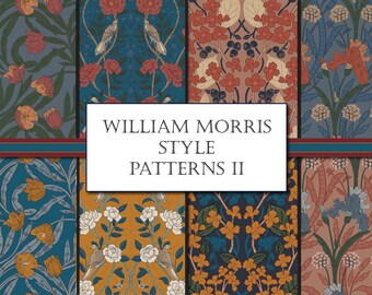 May include: A set of eight seamless patterns in a William Morris style. The patterns feature floral designs in shades of blue, red, yellow, and green. The patterns are perfect for use in fabric, wallpaper, and other decorative applications.