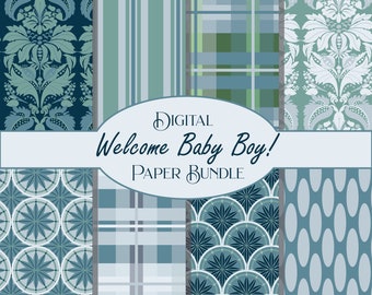 Baby Boy Scrapbook Paper: Blue Plaid, Polka Dot, Stripe Designs (Digital Download)