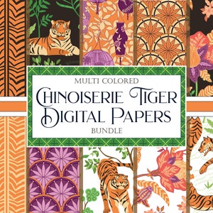 Chinoiserie Digitale Papieren Tijgerthema, Tijgerbehang, Naadloze Patronen, Trendy Jaar van de Tijger Digitale Ontwerpen Regenboog Digitaal Papier