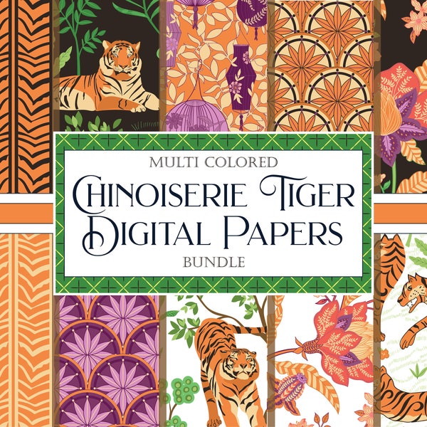Chinoiserie Digital Papers Tiger Theme, Tiger Wallpaper, Seamless Patterns, Trendy Year of the Tiger Digital Designs Rainbow Digital Paper