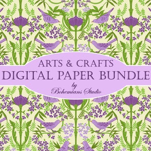 Carta digitale ispirata a William Morris: Arti e mestieri lilla e verdi (download digitale)