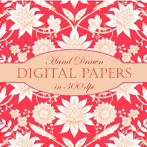 Può includere: Uno schema senza cuciture con motivi floreali bianchi su uno sfondo rosso. Il testo "Hand Drawn DIGITAL PAPERS in 300 dpi" è visualizzato su uno stendardo beige.