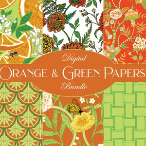 Oranje en groene digitale papieren, herhaal patroon ontwerp, bloemen herfst sinaasappelen Zinnias digitale download papier, Aziatische motieven scrapbook papier