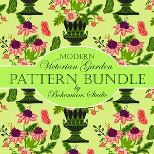 May include: A seamless pattern featuring a Victorian garden design with green leaves, pink flowers, and black urns. The text "MODERN Victorian Garden PATTERN BUNDLE by Bohemians Studio" is displayed in a white oval.