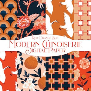 Aziatische digitale papieren, moderne chinoiserie digitale papieren, rood oranje blauwe digitale papierbundel met kranen, Aziatische bloemen, PNG naadloos