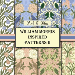 William Morris Style Papers, Digital Paper Bundle, Pastel Digital Patterns, Pink and Blue Repeat Pattern Designs, Scrapbooking