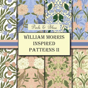 Papiers style William Morris, lot de papiers numériques, motifs numériques pastel, motifs répétés roses et bleus, scrapbooking