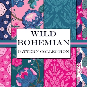 Patrones bohemios salvajes, colección de patrones sin costuras, papeles digitales con patrones repetidos en rosa verde azulado y patrones de verano en rosa intenso.