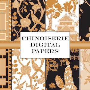 Chinoiserie goud digitaal papier zwart en goud naadloze patronen, herhaalpatronen goud en zwart ontwerpen, Chinees Aziatisch decoupage papier