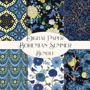 Blauwe Boho digitale papieren gele en blauwe zomerbloemen, bomen, lantaarns, medaillons Instant Download Jpeg PNG Scrapbook Papers