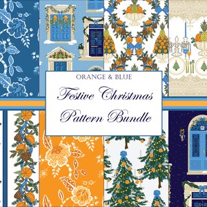 Puede incluir: Una descarga digital de 10 patrones navideños festivos en naranja y azul. Los patrones presentan coronas, piñas, naranjas y puertas azules. El texto "ORANGE & BLUE Festive Christmas Pattern Bundle" se muestra en el centro de la imagen.