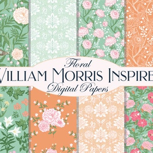 Carta digitale pastello, fogli di scrapbooking ispirati a William Morris, file PNG con motivi ripetuti senza soluzione di continuità, download istantaneo 12 per 12 pagine