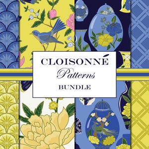 Cloisonné-patronen geel blauw Digitale papieren patronen tegels Chinoiserie papier afdrukbare Instant Download digitale bundel ontwerp naadloos