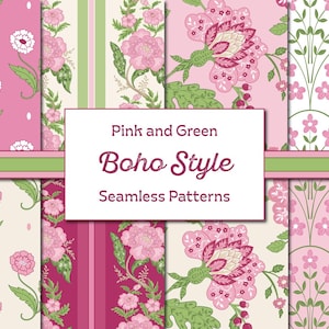 May include: A collection of pink and green Boho style seamless patterns. The patterns include floral designs, stripes, and stylized flowers. The text on the image reads "Pink and Green Boho Style Seamless Patterns."