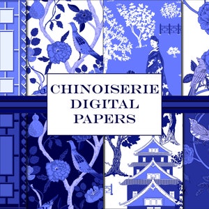 Lot de motifs asiatiques bleus et blancs. Motifs chinois. Motifs répétés sans couture. Papiers numériques Oiseau bleu Motif floral Traditionnel asiatique