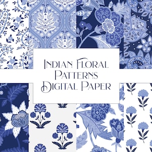 Boho Muster, Digitales Papier, Blaue und weiße Tapete, Chintz Hintergrund, Indische Blumen Muster, Asiatische Designs, Printable Sammelalbum