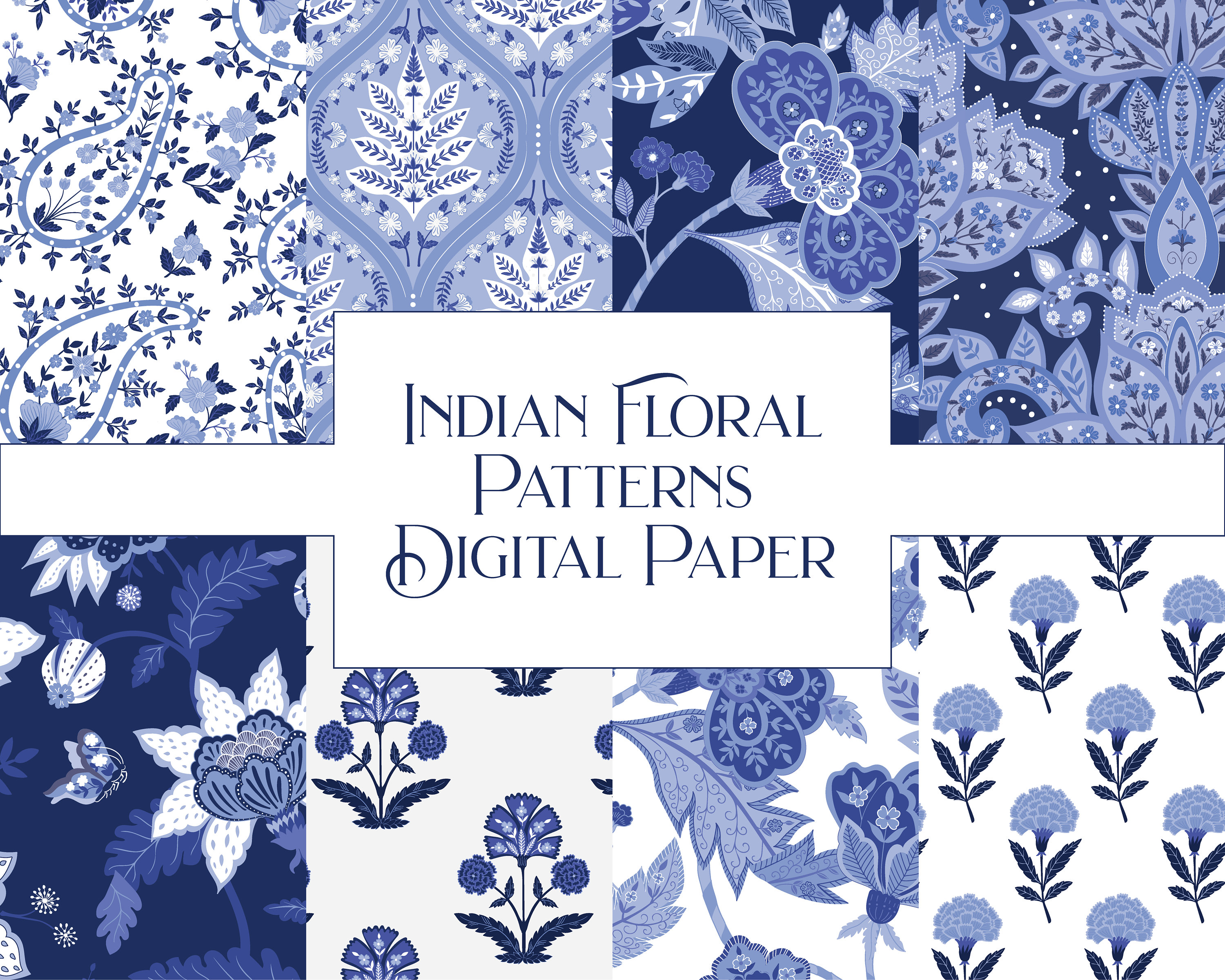 Boho Pattern Digital Paper, Blue and White Wallpaper, Chintz Background ...