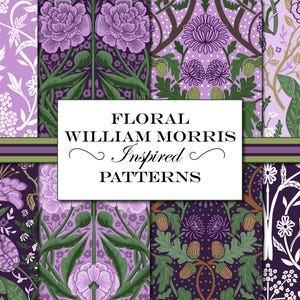 Papel morado William Morris, paquete de papel digital, diseños sin costuras históricos, fondos digitales textiles de papel tapiz lila y morado
