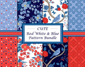 May include: A set of eight seamless patterns in red, white, and blue. The patterns include polka dots, floral designs, and geometric shapes. The text "CUTE Red White & Blue Pattern Bundle" is displayed in a blue banner.