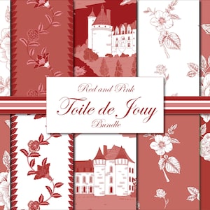 Patrones sin costuras Toile de Jouy - Patrones Toile rojos y blancos - Papeles digitales rojos rosas - DESCARGA INSTANTE - Paquete de papel Decoupage - Francés