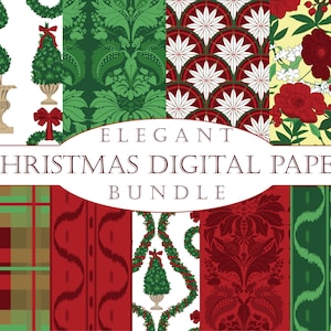 Documenti digitali natalizi, classici disegni natalizi tradizionali ed eleganti, damasco rosso e verde, topiari per album di ritagli per alberi di Natale