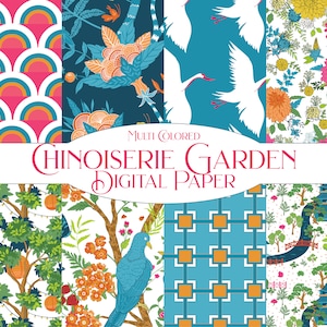 Papiers numériques asiatiques, papier jardin style chinoiserie, lot de papiers numériques arc-en-ciel, grues, oiseaux, fleurs roses orange bleu téléchargement
