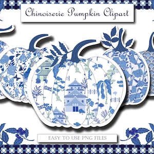 Cute Chinoiserie Clip Art, Chinoiserie Pumpkins, Blue and White Pumpkin Graphics, Clipart Files, PNG Blue Willow