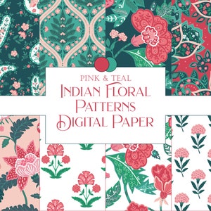 Boho Digital Papers Pink Teal, Bohemian Scrapbook Paper, Floral Digital Backgrounds, Indian Floral Designs, Block Print Style Pattern