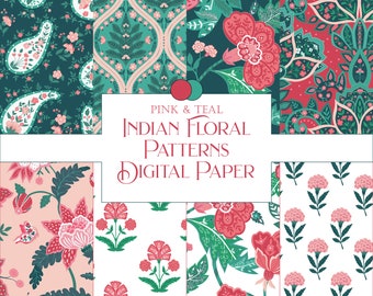 Boho Pink & Teal Digital Papier: Indische Blumen (Digital Download)