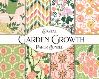 Papel digital de scrapbooking rosa y verde, herramientas de jardín, flores de jardín, versión rosa y verde - Descarga digital de papeles de patrón repetido