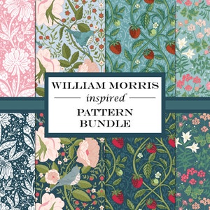 Può includere: Un set di quattro motivi digitali senza cuciture ispirati a William Morris. I motivi presentano disegni floreali in tonalità di rosa, bianco, verde e blu. I motivi sono perfetti per l'artigianato, lo scrapbooking e altri progetti creativi.