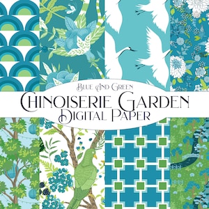 Asiatische digitale Papiere, moderne Chinoiserie blau grün digitale Papiere, digitaler Download Scrapbook Papiere Decoupage Floral Pagode Kraniche Design