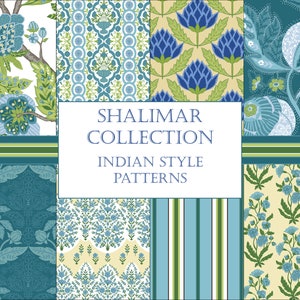 Patrones florales indios, patrones de estilo boho, paquete de papel digital, patrones de repetición de Paisley Chintz Boteh azul y verde