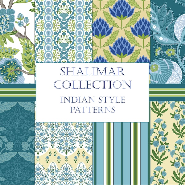 Indian Floral Patterns, Bohemian Style Patterns, Digital Paper Bundle, Blue and Green Paisley Chintz Boteh Repeat Patterns