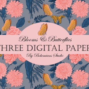 Carta digitale con fiori e farfalle, carta digitale floreale, carte digitali con farfalle, disegni di motivi di superficie