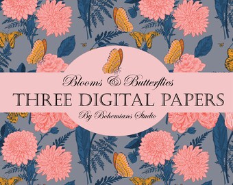 Papel digital de flores y mariposas, papel digital floral, papeles digitales de mariposas, diseños de patrones de superficie