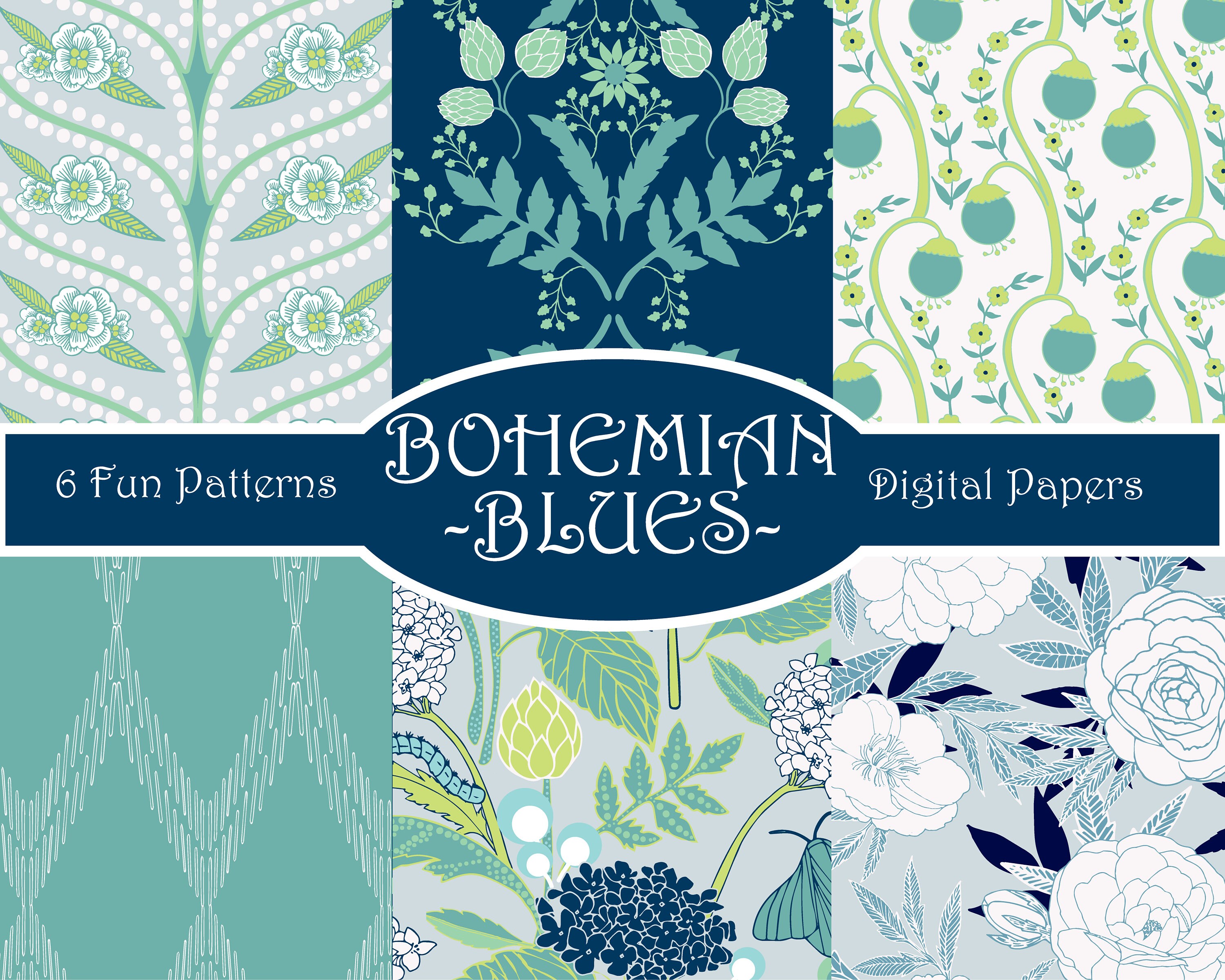 Boho Blumenmuster Set: Blau Teal Digitale Papiere (Herunterladbar)