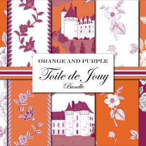 Puede incluir: Una variedad de patrones Toile de Jouy en naranja y morado. Los diseños presentan pájaros, flores, mariposas y castillos. El texto "Orange and Purple Toile de Jouy Bundle" se muestra en el centro.