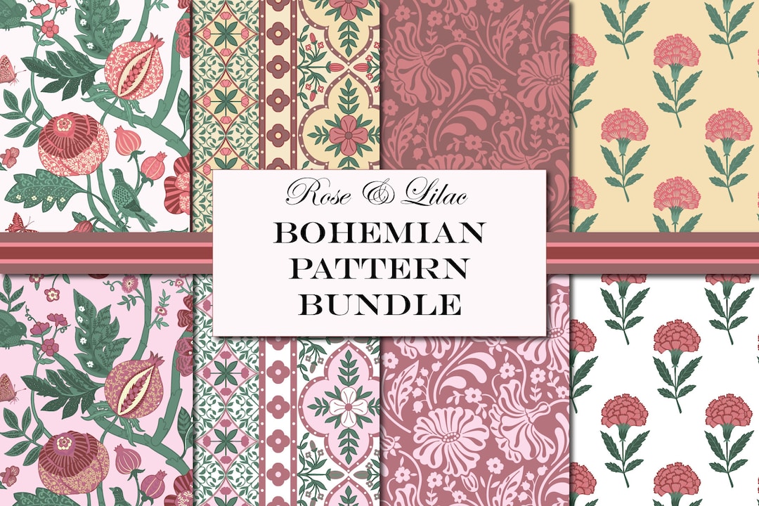 Boho Floral Digital Paper: Rose & Lilac Block Print Patterns (digital ...