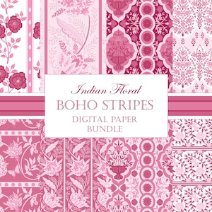 Papiers numériques bohèmes, Motifs roses répétés, Papier de scrapbooking bohème, Papiers asiatiques, Arrière-plans imprimables roses, Motif cachemire
