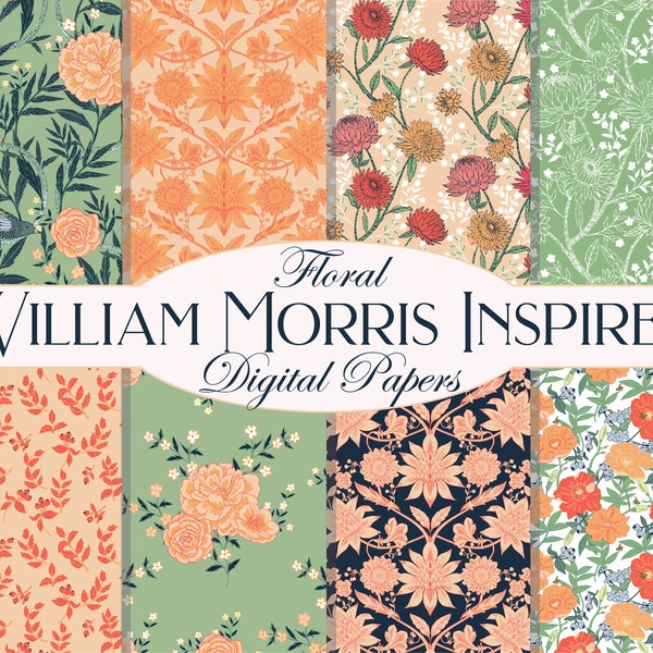 Bundle de papiers numériques floraux inspirés de William Morris à téléchargement immédiat rose, bleu sarcelle, bleu marine motifs de répétition numérique Scrapbooking