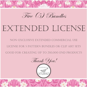 Puede incluir: Fondo de color rosa y blanco con estampado floral y borde blanco. El texto "Five (5) Bundles EXTENDED LICENSE" está en negro. El texto "NON-EXCLUSIVE EXTENDED COMMERCIAL USE LICENSE FOR 5 PATTERN BUNDLES OR CLIP ART SETS GOOD FOR CREATING UP TO 250,000 END PRODUCTS Thank You!" está en negro. Un círculo negro con el texto "BOHEMIANS STUDIO" está en el centro inferior.