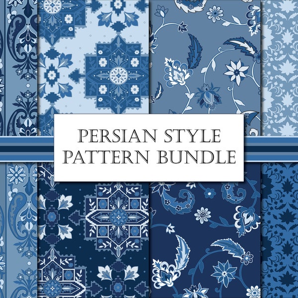 Persian Digital Papers - Blue and White Digital Papers - Iranian Digital Papers - Oriental Rug Paper - Persian Style Papers Printable