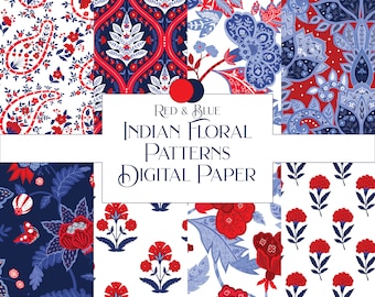 Rood en blauw digitaal bohopapier: Indiase bloemenpatronen (digitale download)