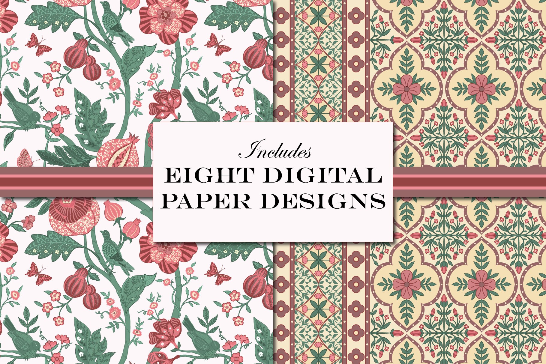 Boho Floral Digital Paper: Rose & Lilac Block Print Patterns (digital ...