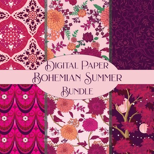 Papiers numériques bohèmes roses violet foncé Papiers de scrapbooking numériques, arbres d'été, médaillons, motif floral Papiers à téléchargement immédiat