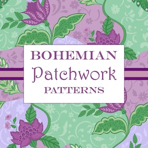 Boho Patchwork Patrón Papeles Digitales Púrpura, Patrones Boho Púrpura, Paquete de Diseño de Patrón Sin Costuras, Patrón Repetido Teal Púrpura Gitano
