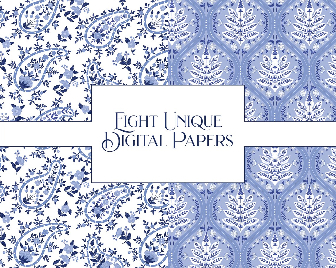 Boho Pattern Digital Paper Blue and White Wallpaper Chintz | Etsy