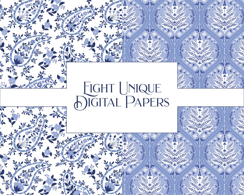 Boho Pattern Digital Paper, Blue and White Wallpaper, Chintz Background ...