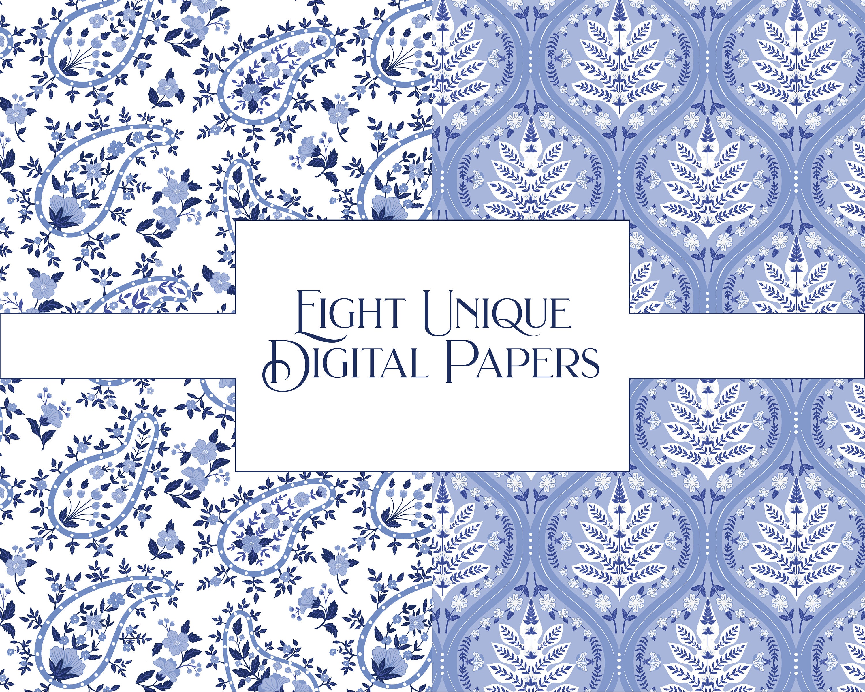 Boho Pattern Digital Paper, Blue and White Wallpaper, Chintz Background ...